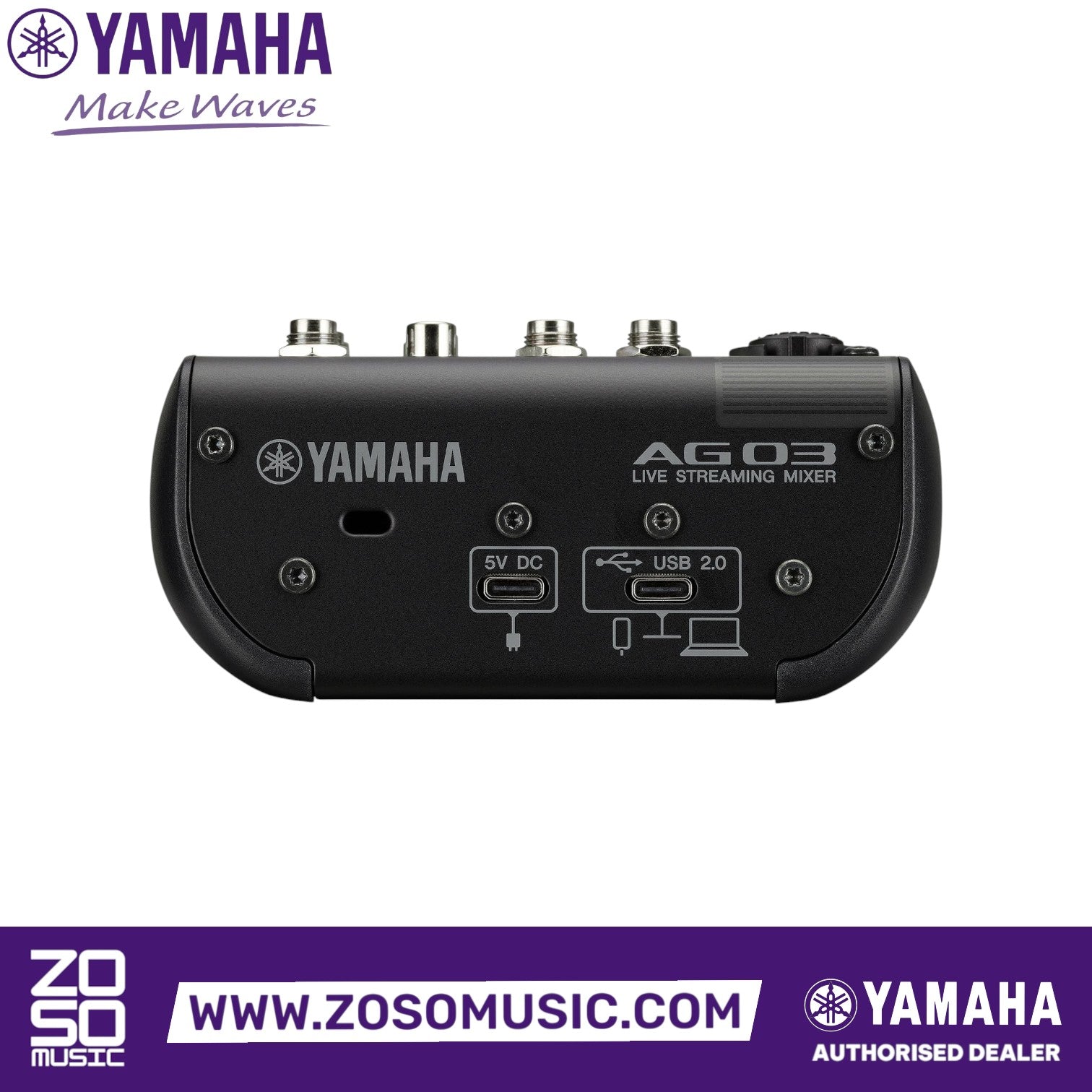 Zoso Music Yamaha AG03 Mk2 3-channel mixer back panel showing USB 2.0 and 5V DC power ports for streaming connectivity