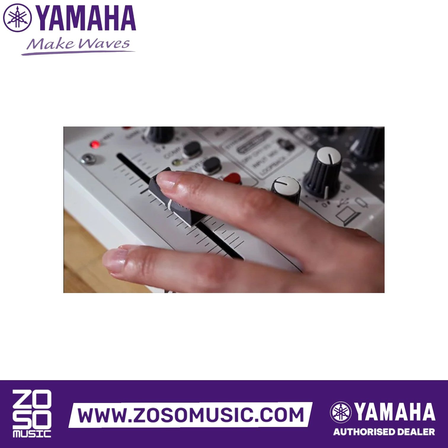 Zoso Music Yamaha AG03 Mk2 3-channel mixer showing a finger adjusting the white fader control for audio streaming