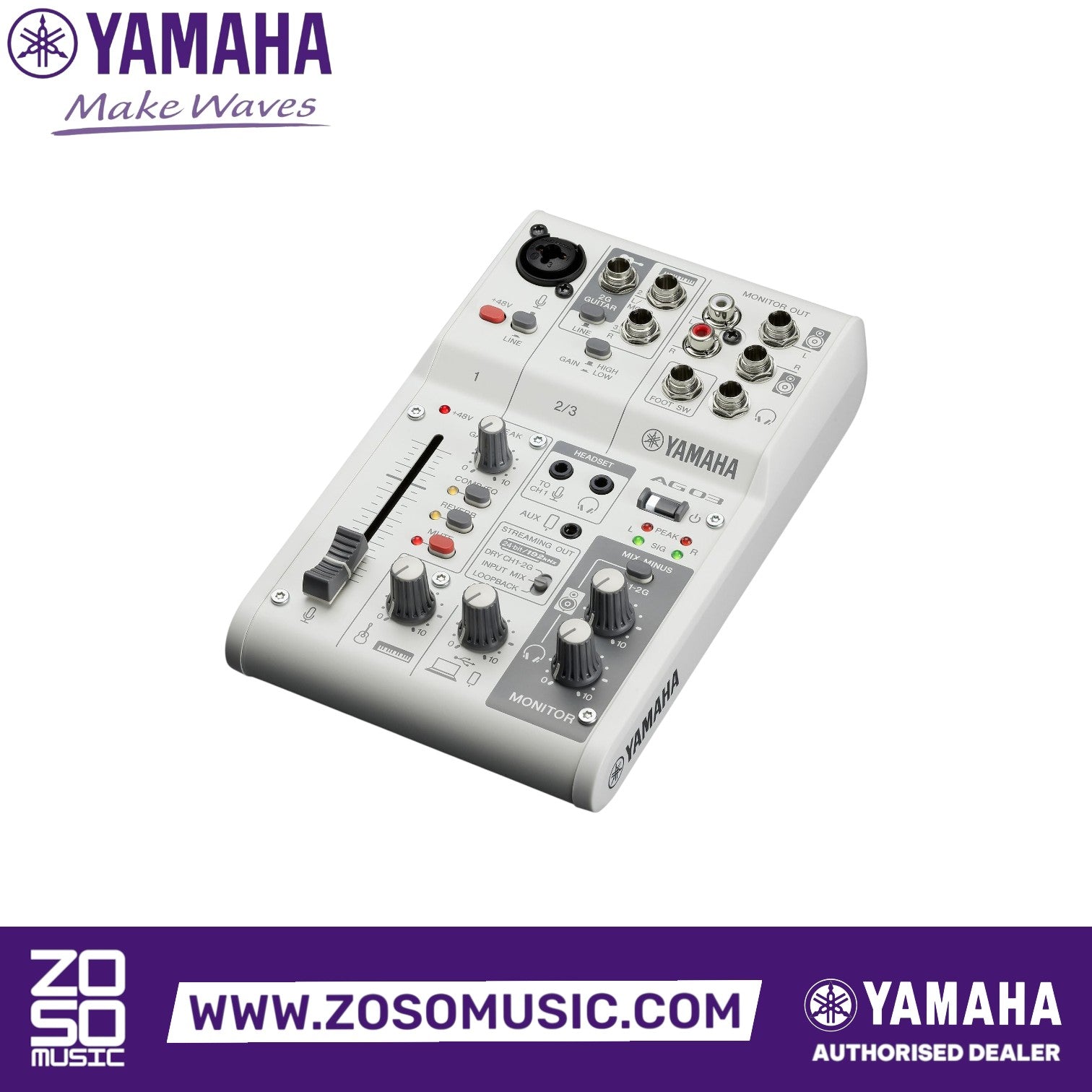 Zoso Music Yamaha AG03 Mk2 3-channel mixer and USB audio interface in white with faders, knobs, and input ports.
