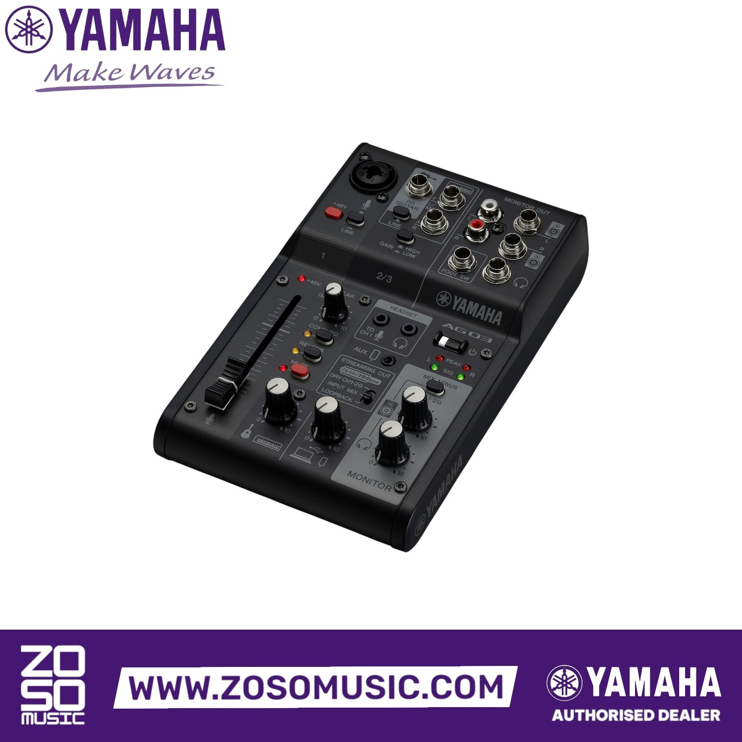 Zoso Music Yamaha AG03 Mk2 3-channel mixer and USB audio interface in black with control knobs and input ports.