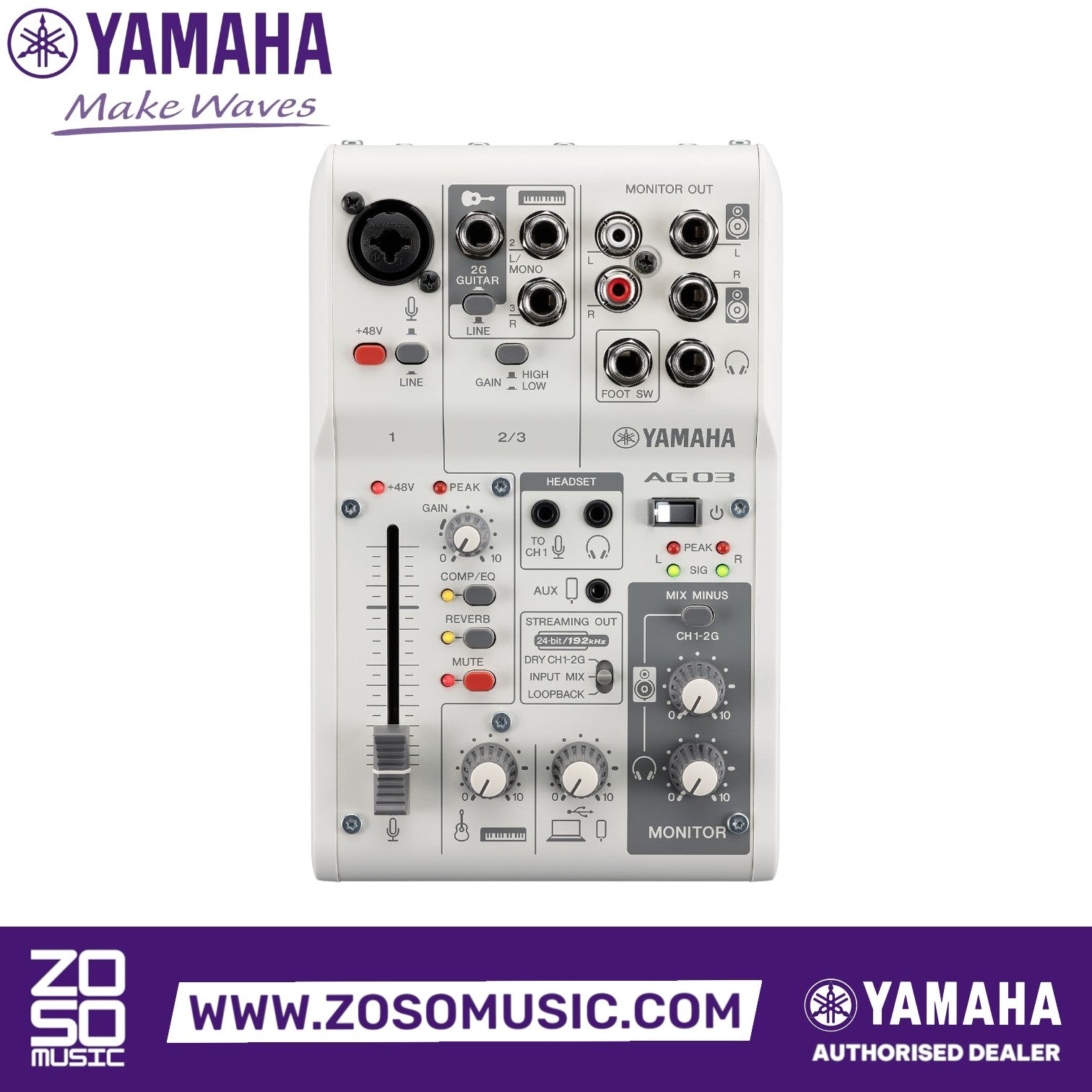 Zoso Music Yamaha AG03 Mk2 3-channel mixer and USB audio interface in white with fader, knobs, and input ports.