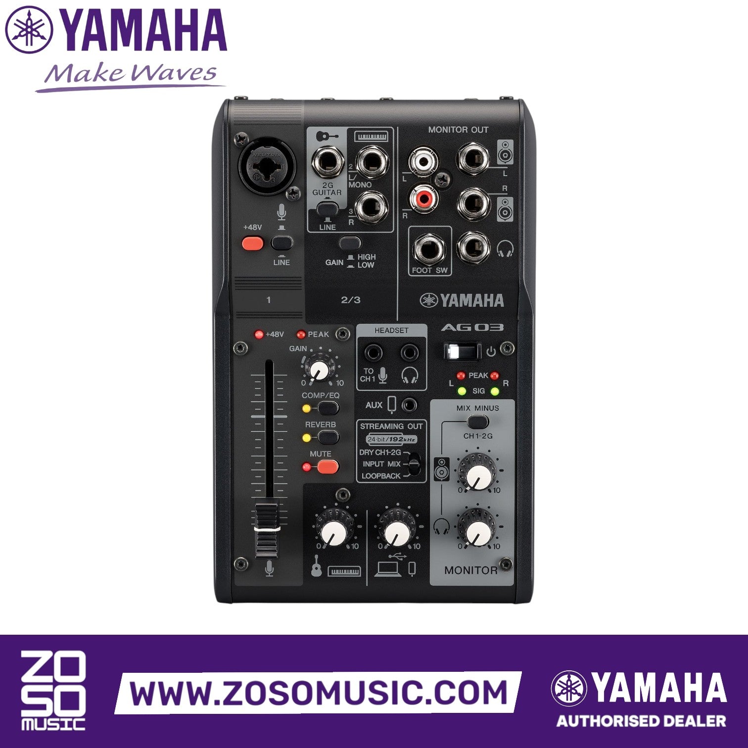 Zoso Music Yamaha AG03 Mk2 3-channel mixer and USB audio interface with black finish and intuitive control knobs