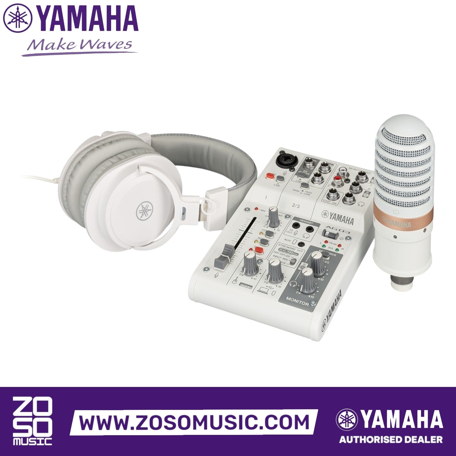 Zoso Music Yamaha AG03 Mk2 live streaming pack featuring a white 3-channel mixer, YCM01 condenser mic, and YHMT1 headphones