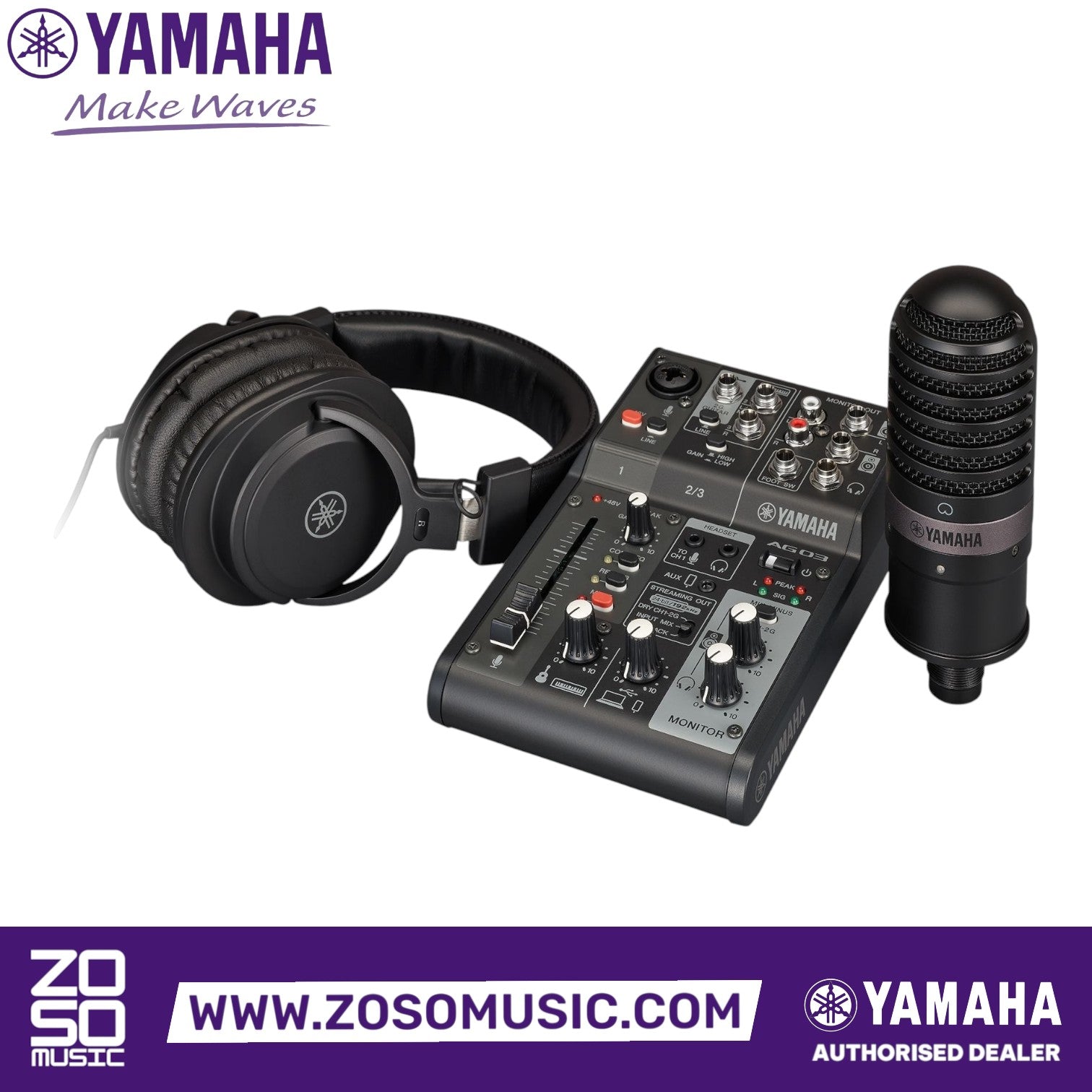 Zoso Music Yamaha AG03 MK2 live streaming pack with mixer, YCM01 condenser microphone, and YHMT1 studio headphones.