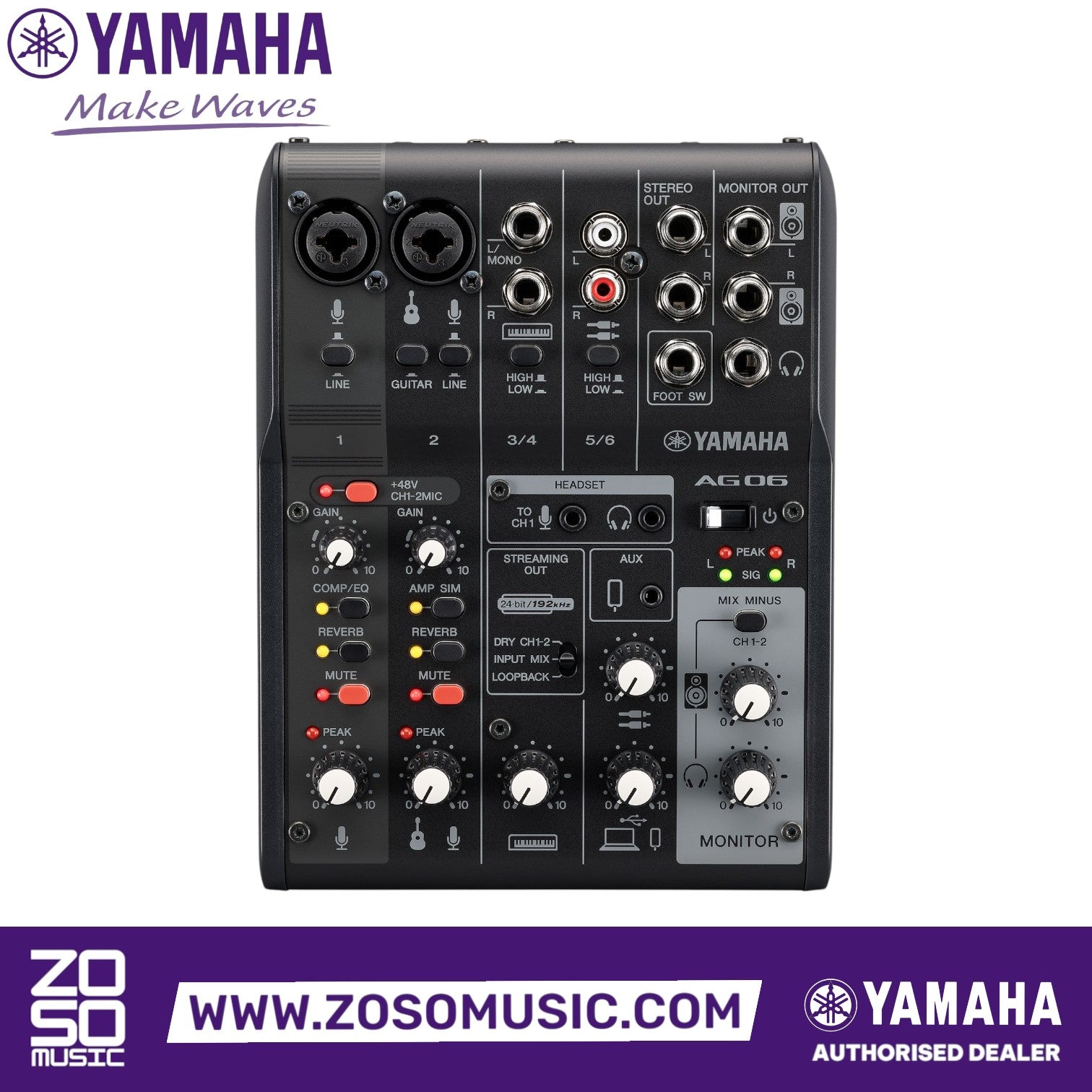 Zoso Music Yamaha AG06 Mk2 6-channel mixer and USB audio interface with multiple inputs and onboard DSP controls.