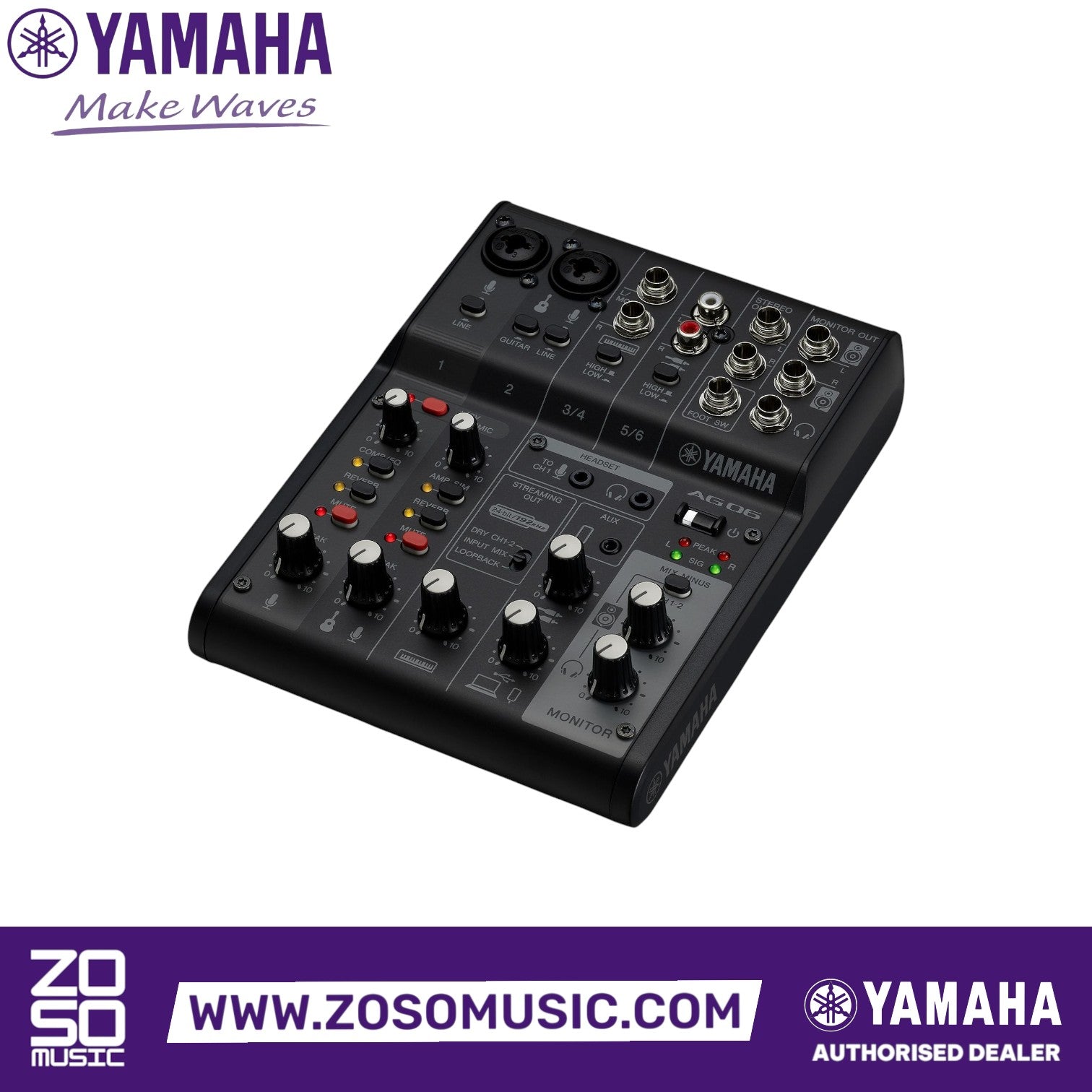 Zoso Music Yamaha AG06 Mk2 6-channel mixer and USB audio interface in black with multiple input and control knobs.