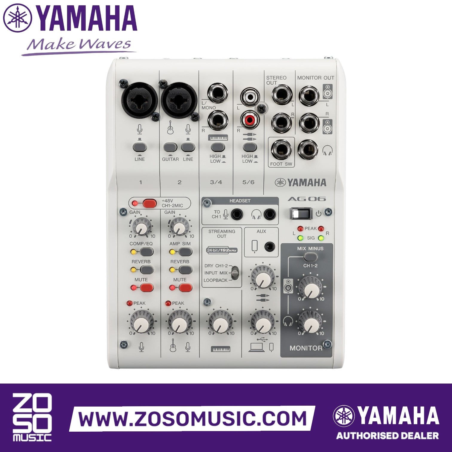 Zoso Music Yamaha AG06 Mk2 6-channel mixer and USB audio interface with multiple inputs and controls for streaming.
