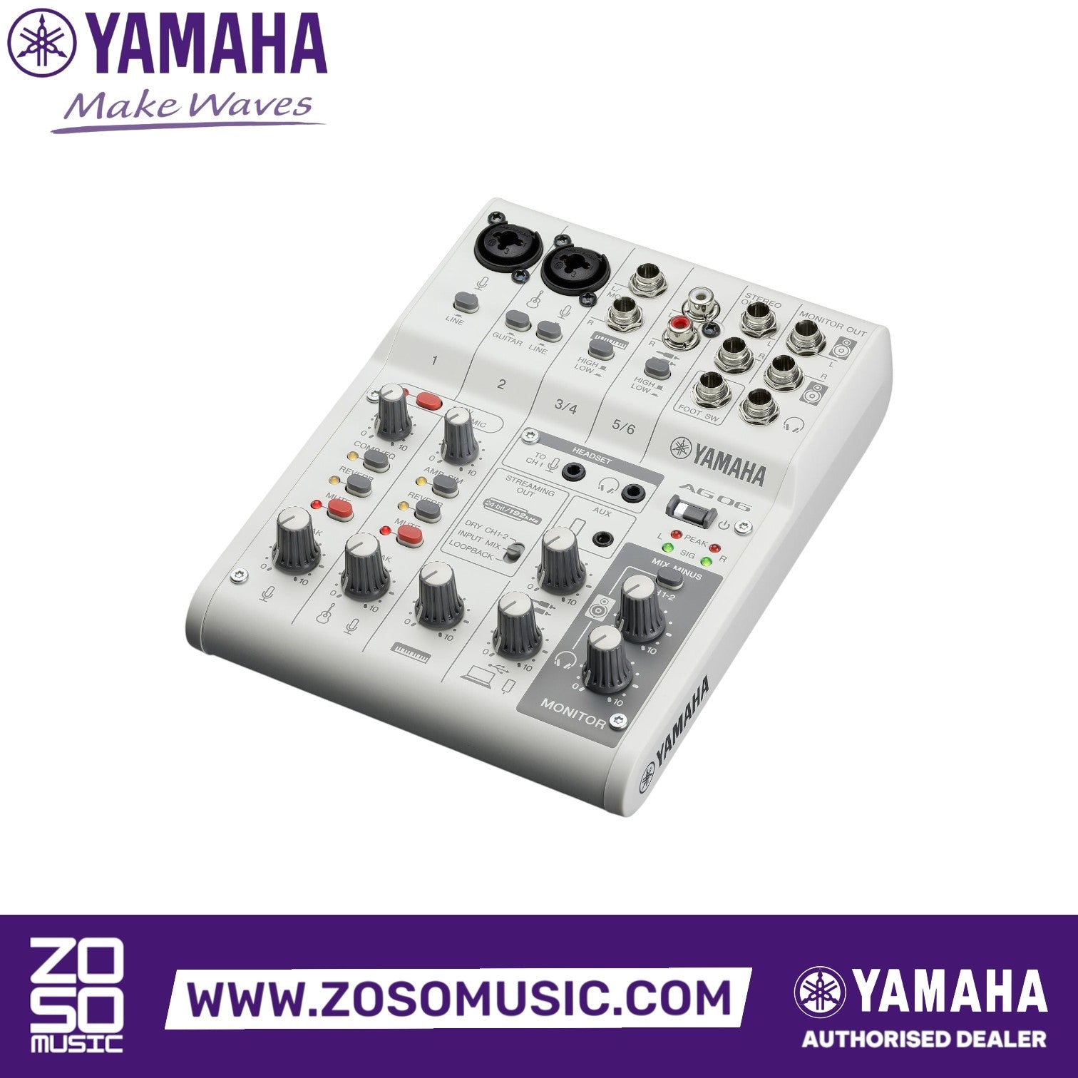 Zoso Music Yamaha AG06 Mk2 6-channel mixer and USB audio interface in white with multiple input and control knobs.