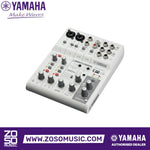 Zoso Music Yamaha AG06 Mk2 6-channel mixer and USB audio interface in white with multiple input and control knobs.