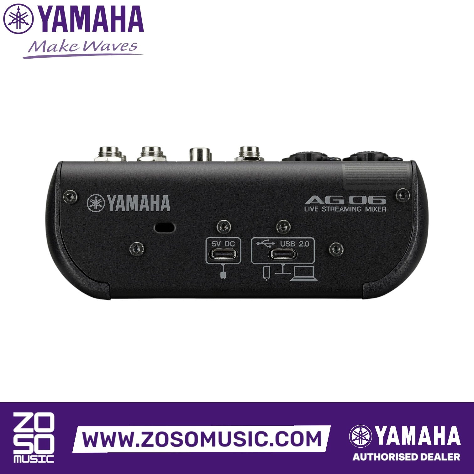 Zoso Music Yamaha AG06 Mk2 6-channel mixer rear panel showing USB 2.0 and 5V DC power ports on a black chassis.