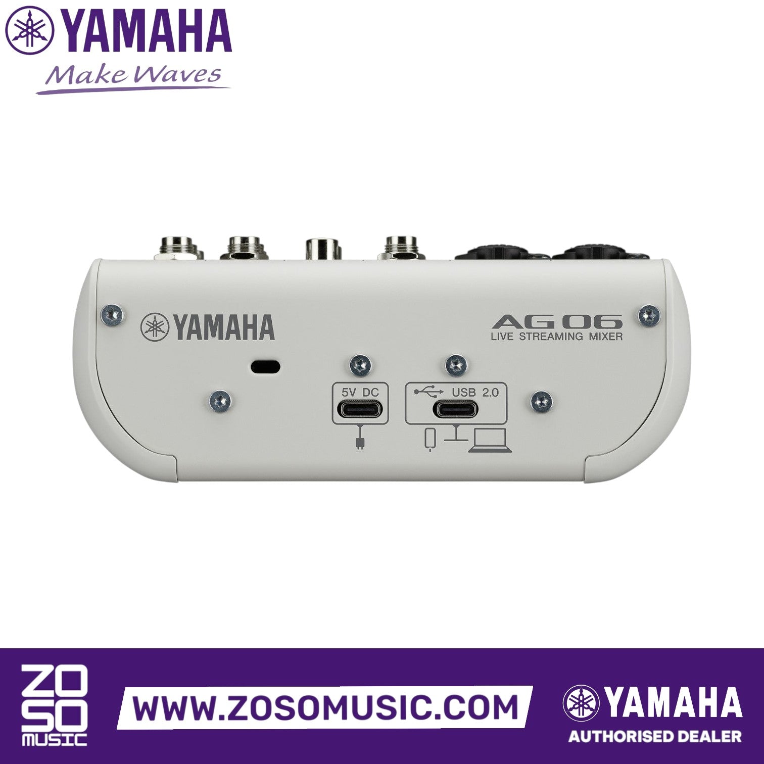 Zoso Music Yamaha AG06 Mk2 6-channel mixer rear panel showing USB 2.0 and 5V DC power ports