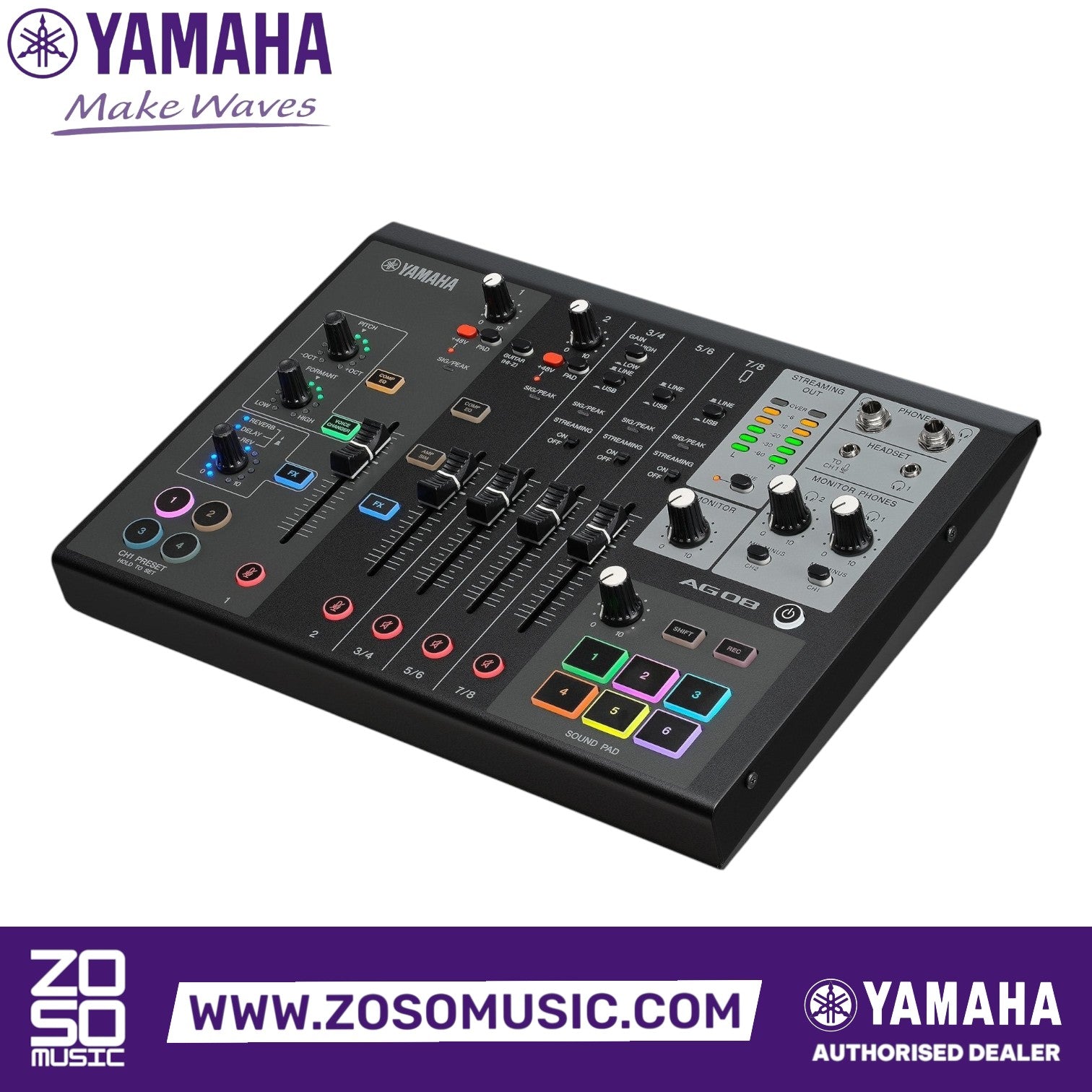 Zoso Music Yamaha AG08 8-channel black streaming mixer and audio interface with faders, sound pads, and DSP controls.