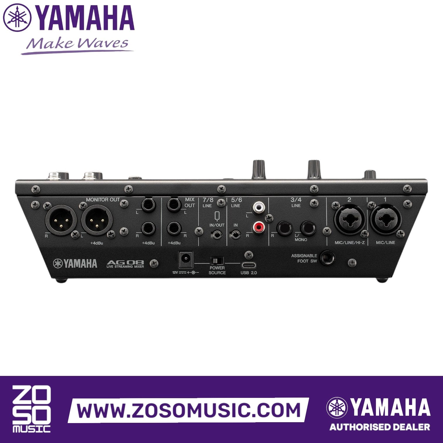 Rear panel of the black Yamaha AG08 8-channel streaming mixer showing XLR, TRS, and RCA input and output ports.