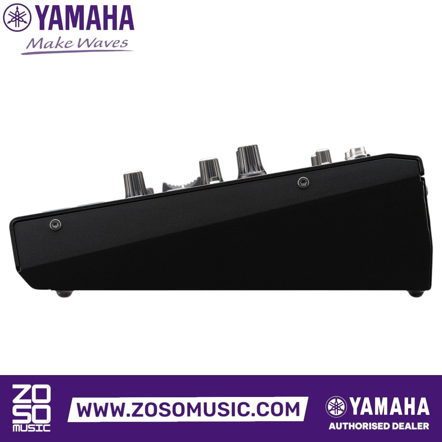 Side profile of the black Yamaha AG08 8-channel streaming mixer and audio interface from Zoso Music