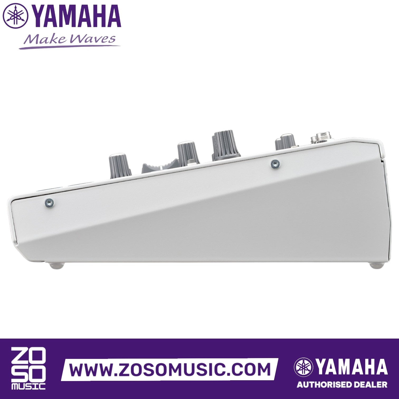 Zoso Music white Yamaha AG08 8-channel streaming mixer and audio interface, side profile view showing control knobs.