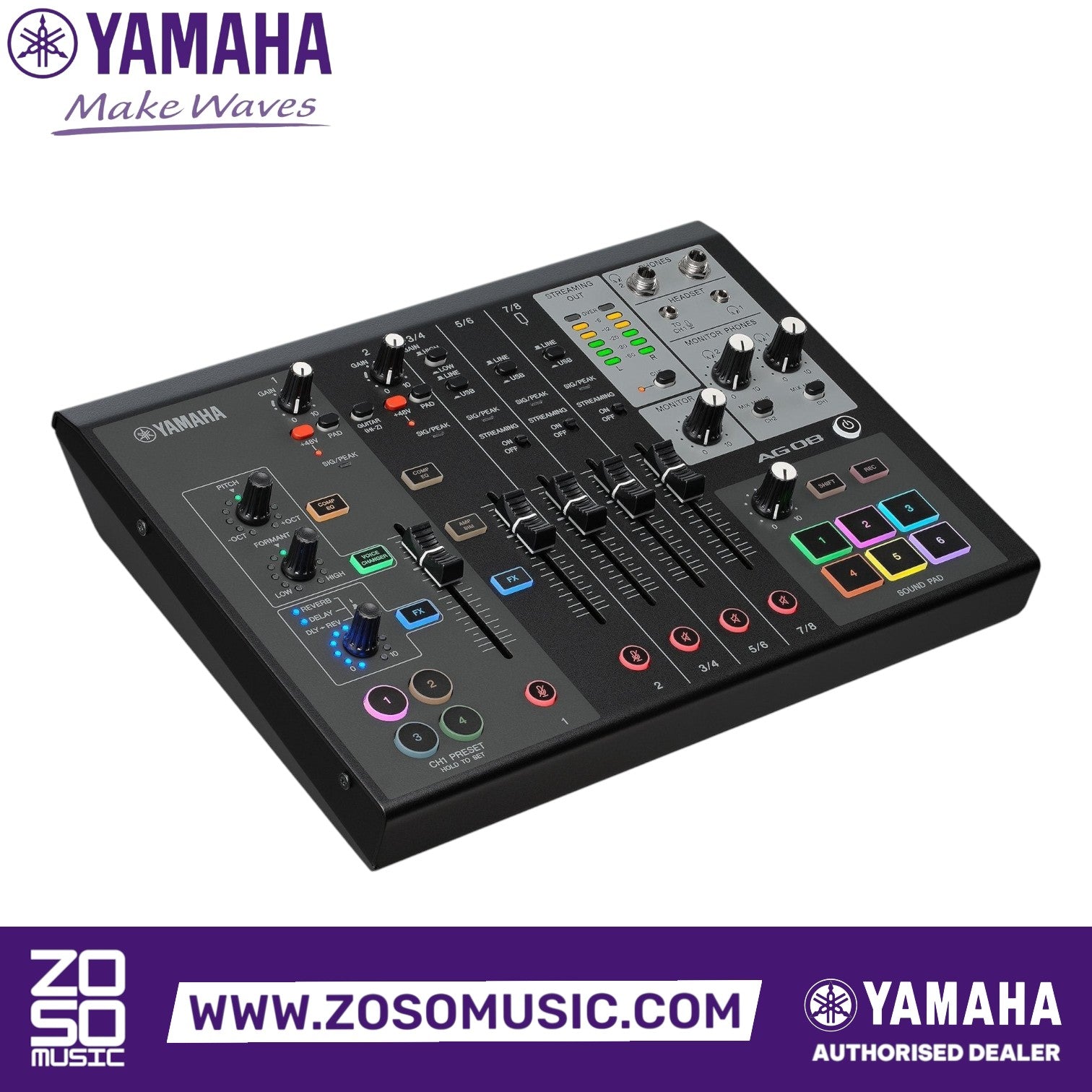 Zoso Music Yamaha AG08 8-channel black streaming mixer and audio interface with faders, sound pads, and DSP controls.