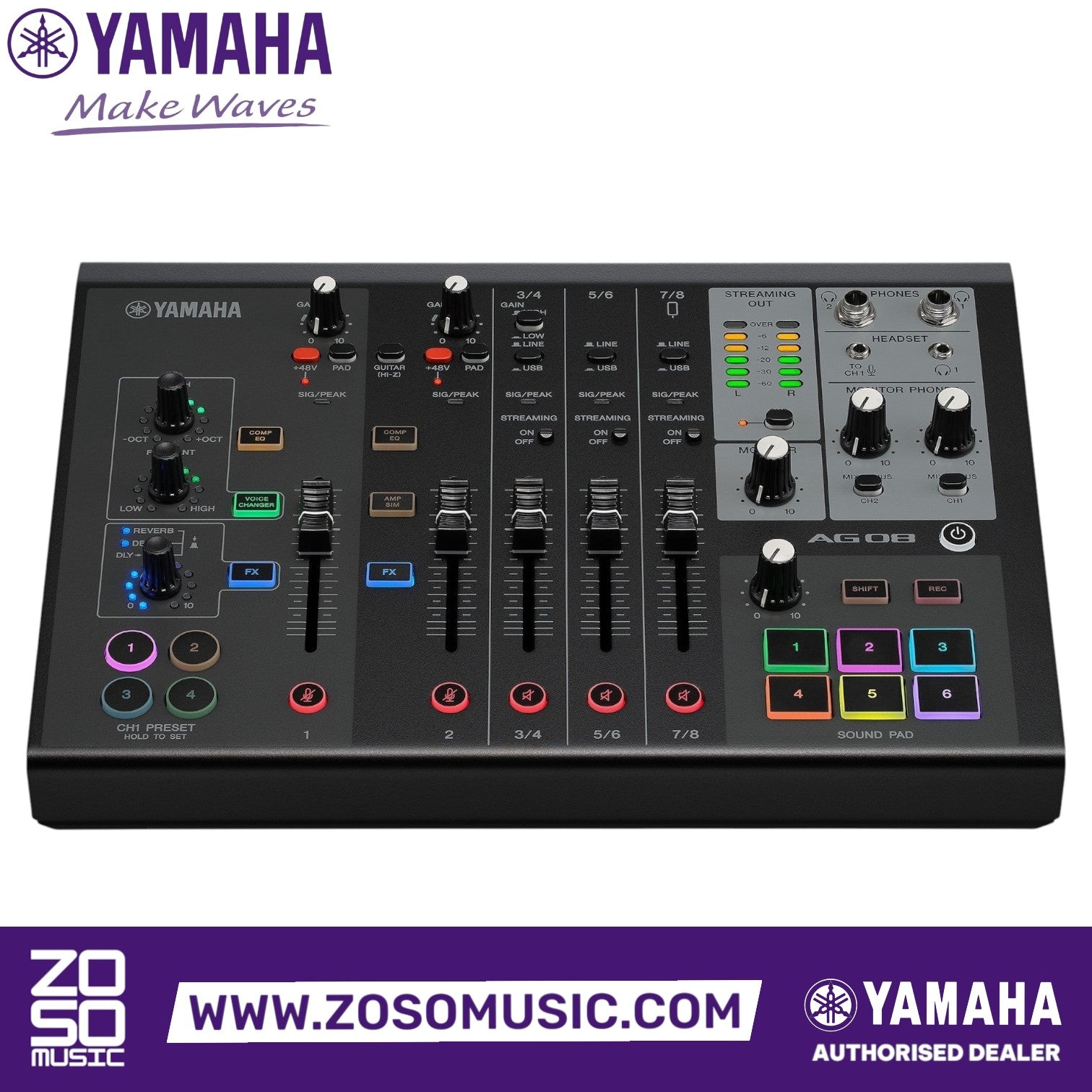 Zoso Music Yamaha AG08 8-channel black streaming mixer with faders, sound pads, and DSP effects for podcasting.