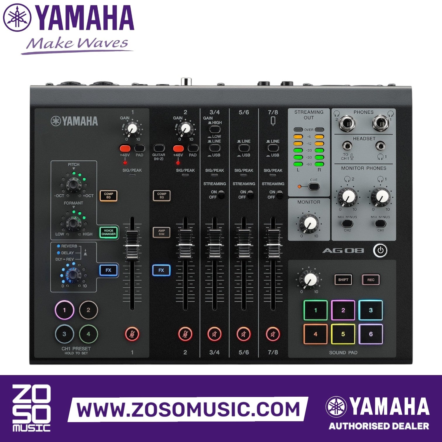 Zoso Music Yamaha AG08 8-channel black streaming mixer with faders, DSP effect controls, and customizable sound pads.
