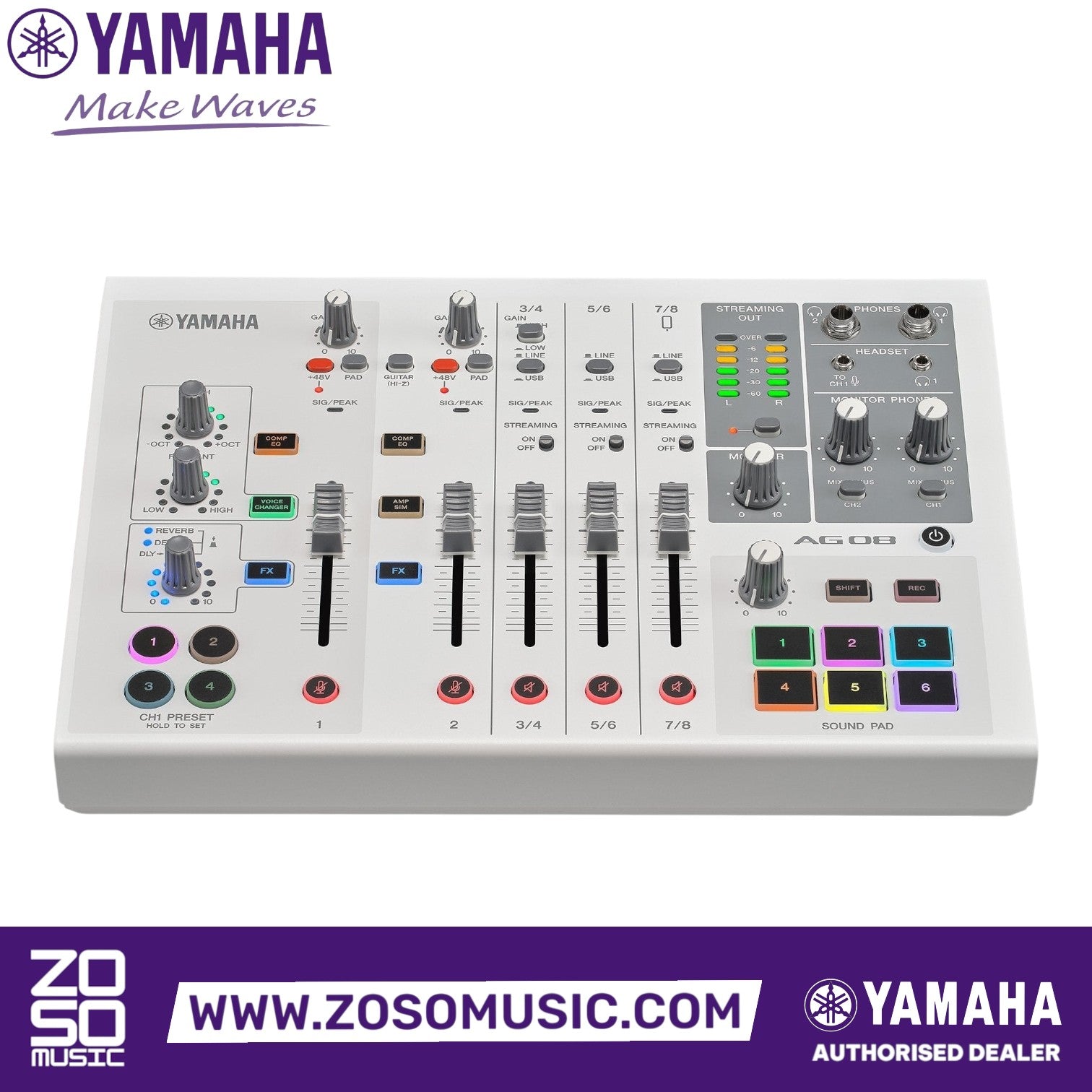 Zoso Music Yamaha AG08 white 8-channel streaming mixer with faders, sound pads, and DSP effects for podcasting