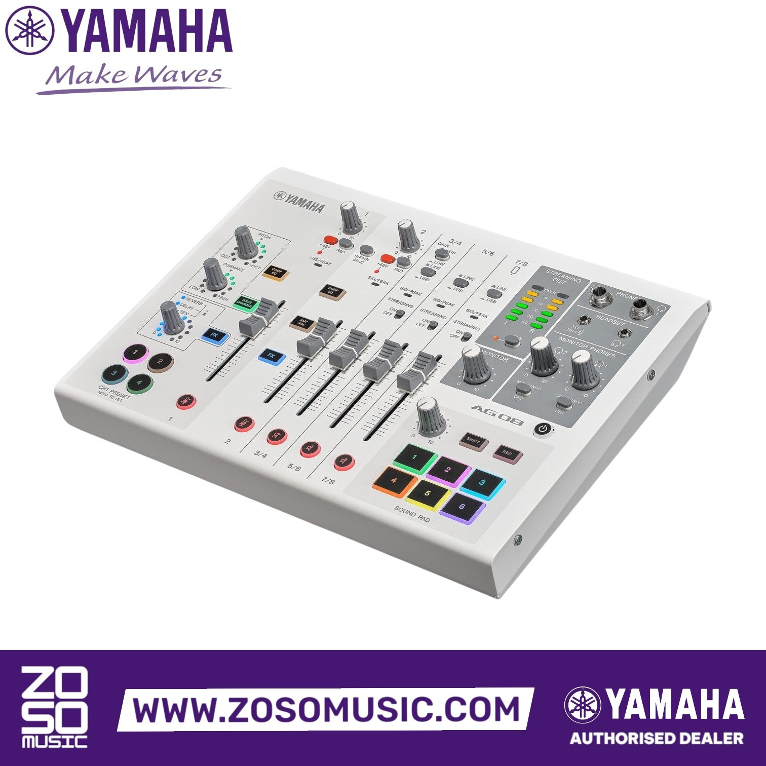 Zoso Music Yamaha AG08 white 8-channel streaming mixer and audio interface with faders, sound pads, and DSP controls