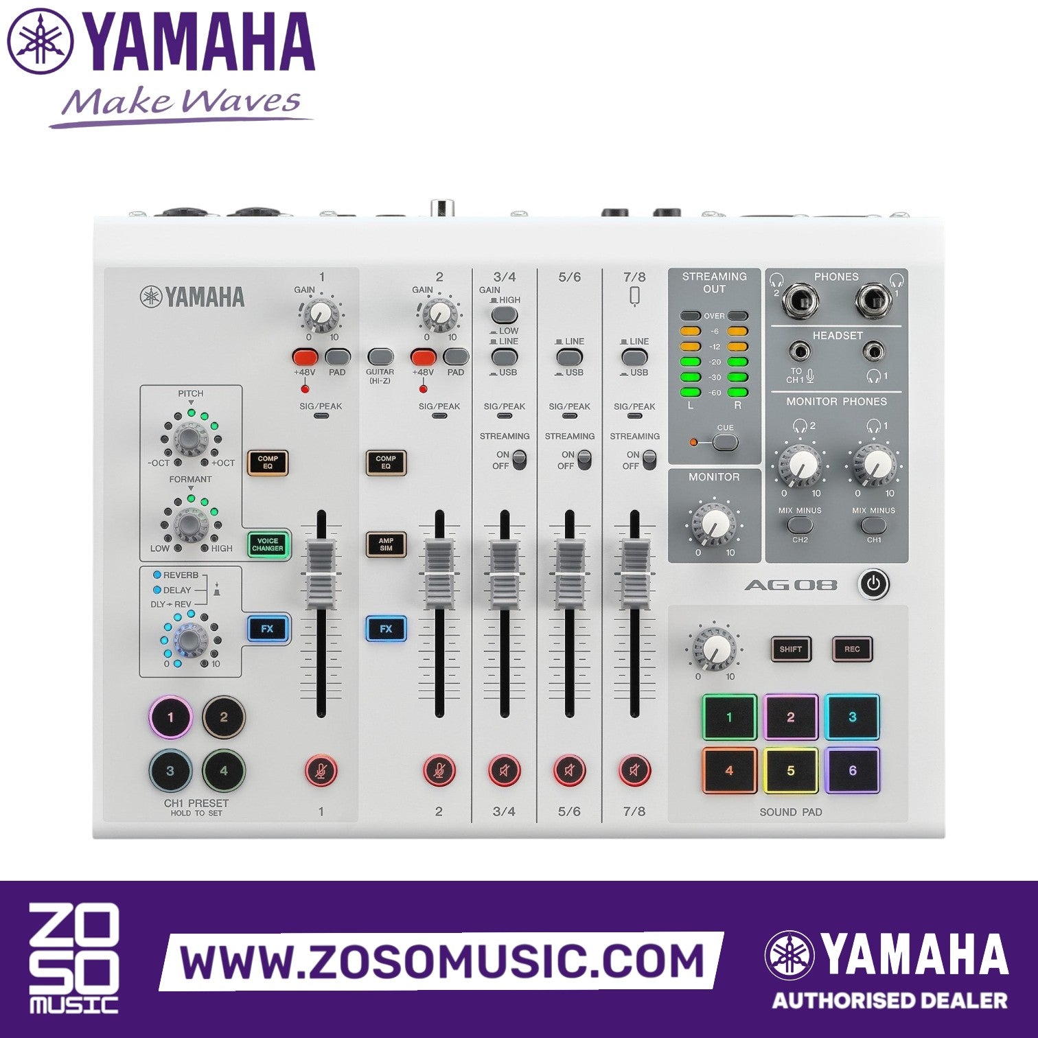 Zoso Music Yamaha AG08 8-channel white streaming mixer and audio interface with faders, sound pads, and DSP controls