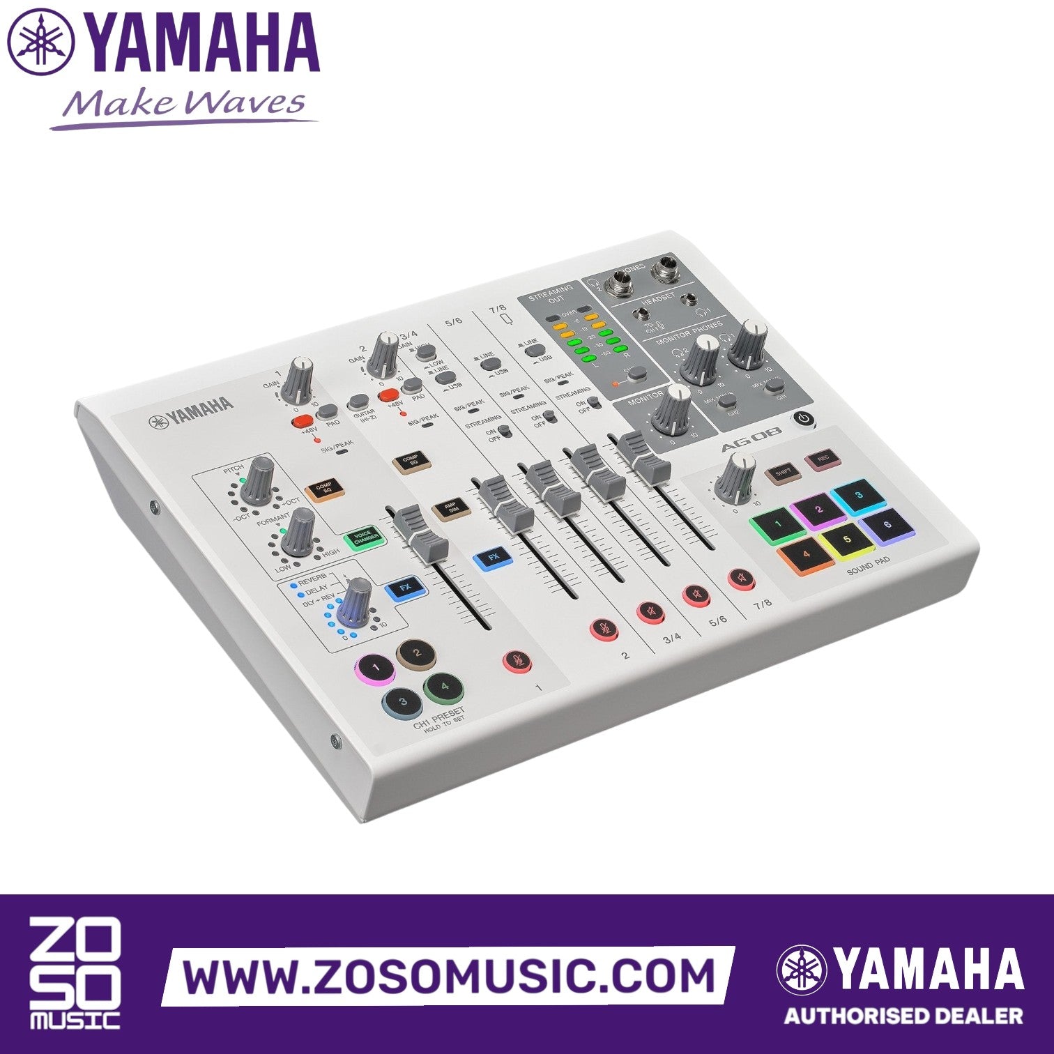 Zoso Music Yamaha AG08 8-channel white streaming mixer with faders, sound pads, and DSP effects for podcasting