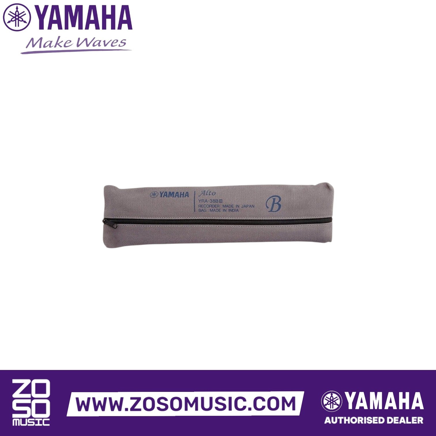 Zoso Music grey cotton carrying case for Yamaha YRA-38BIII alto recorder with zipper closure and branded label