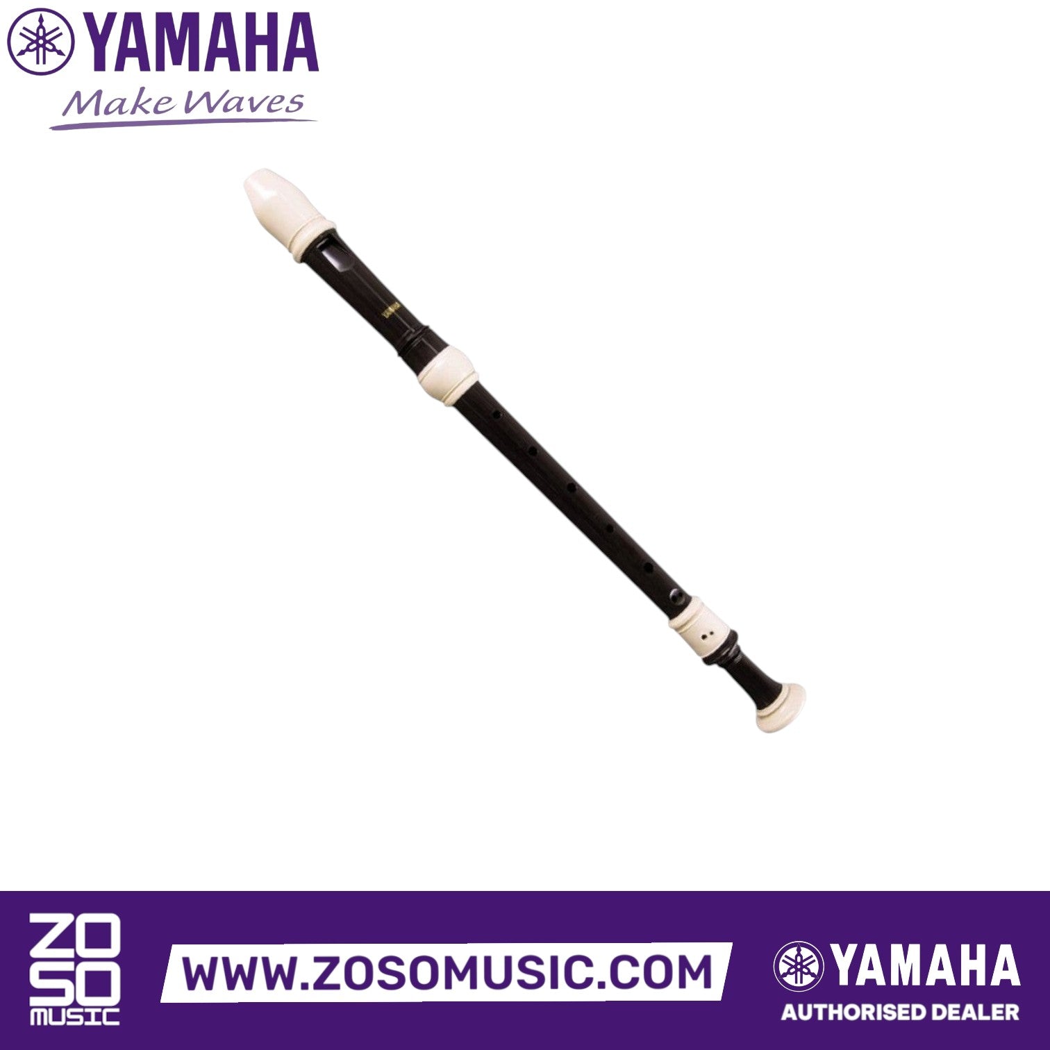 Zoso Music Yamaha YRA-38BIII alto recorder in brown ABS resin with cream accents and baroque fingering system.