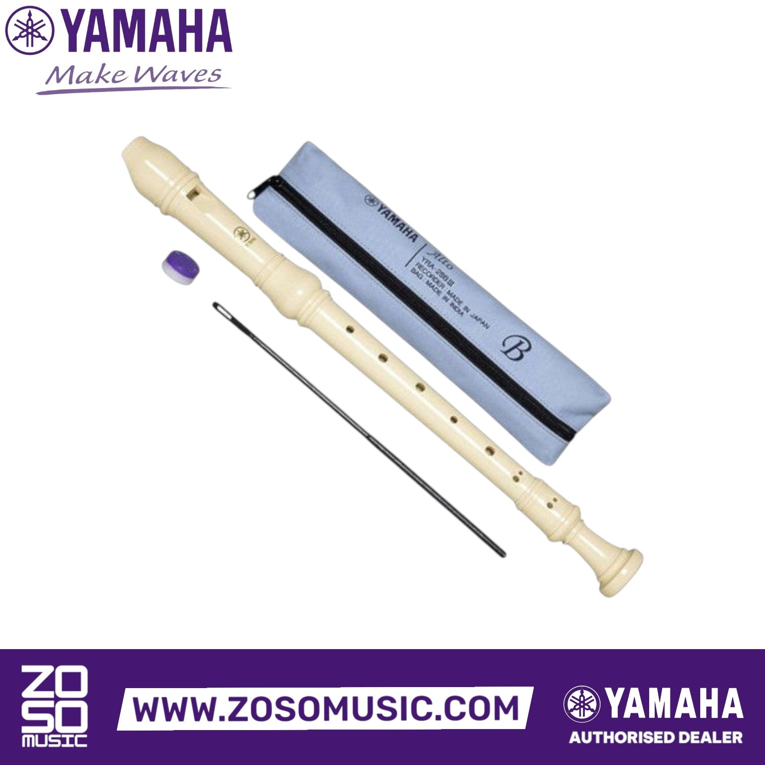 Zoso Music Yamaha YRA-28BII alto recorder in ivory ABS resin with cleaning rod, cream, and cotton carrying case.