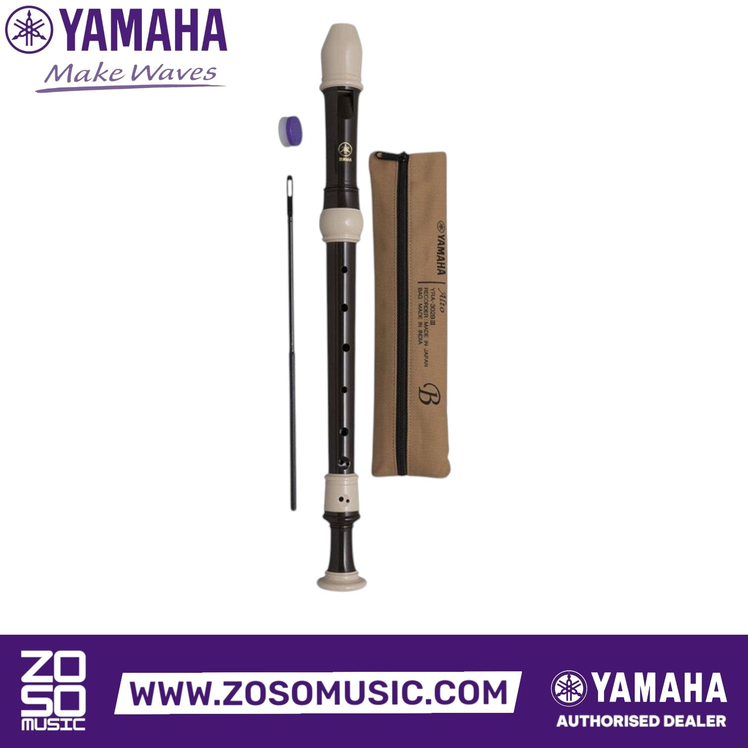 Zoso Music Yamaha YRA-302 BIII alto recorder in black and cream ABS plastic with cleaning rod and cotton case
