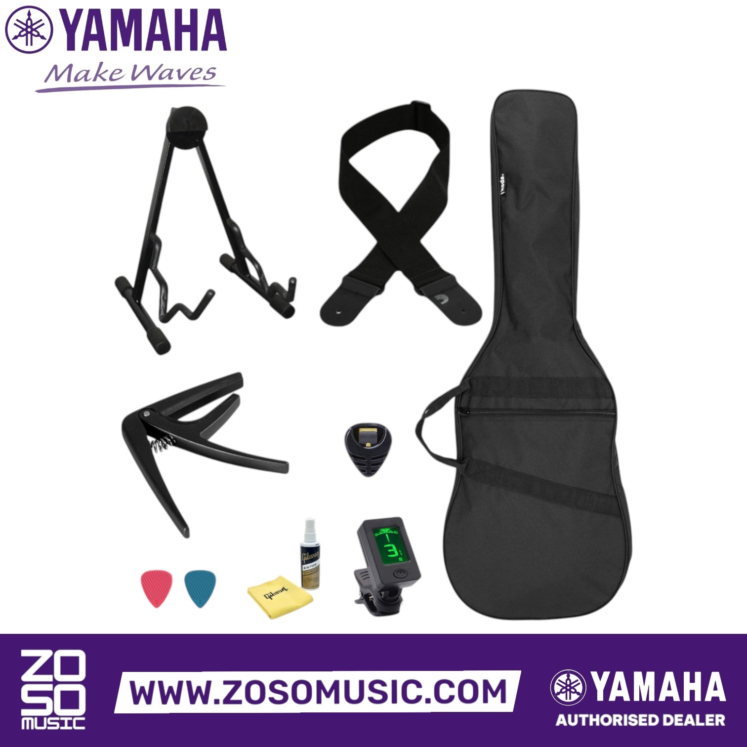 Zoso Music accessory bundle for Yamaha APX600 including gig bag, guitar stand, tuner, capo, strap, and maintenance kit