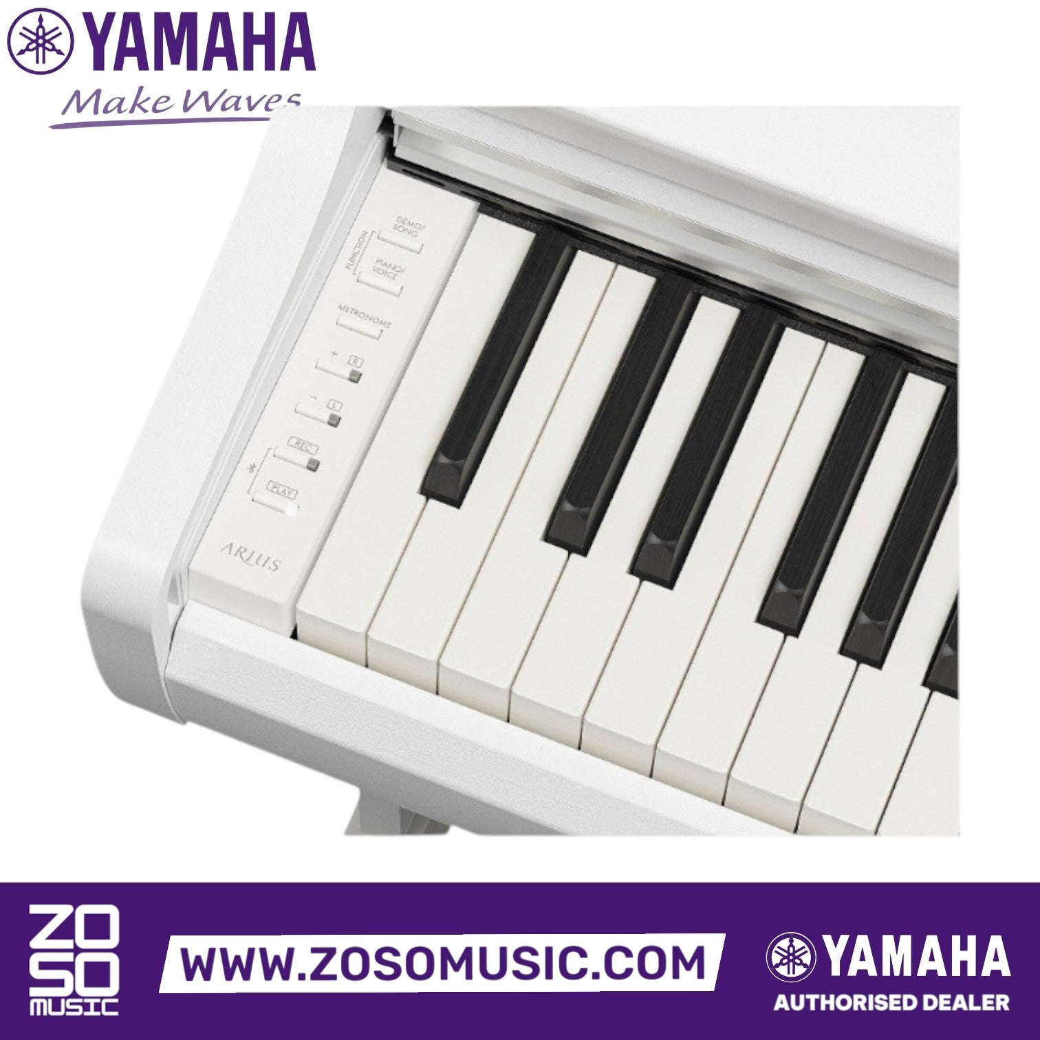 Close-up of the white keys and control panel on a Zoso Music Yamaha Arius YDP-166 digital piano.