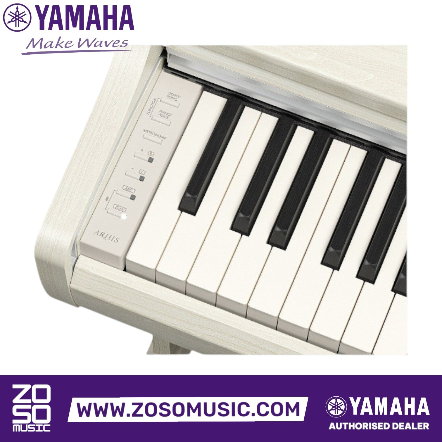 Zoso Music Yamaha Arius YDP-166 digital piano control panel and white wood grain finish keys