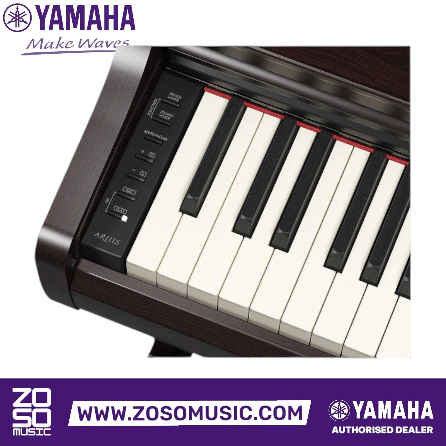 Close-up of the control panel and weighted keys on a Zoso Music Yamaha Arius YDP-166 digital piano.