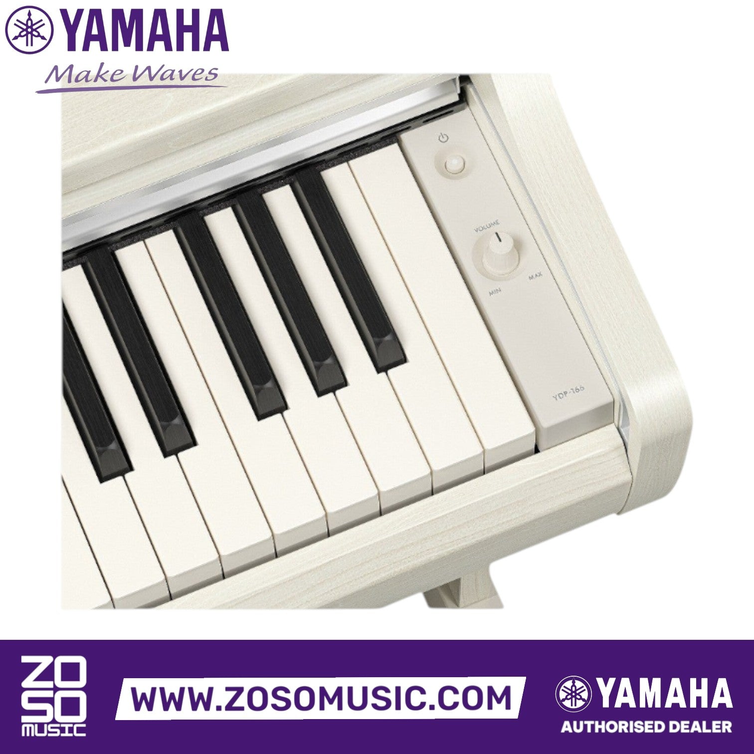 Close-up of the Zoso Music Yamaha Arius YDP-166 digital piano showing the white finish and volume control knob.