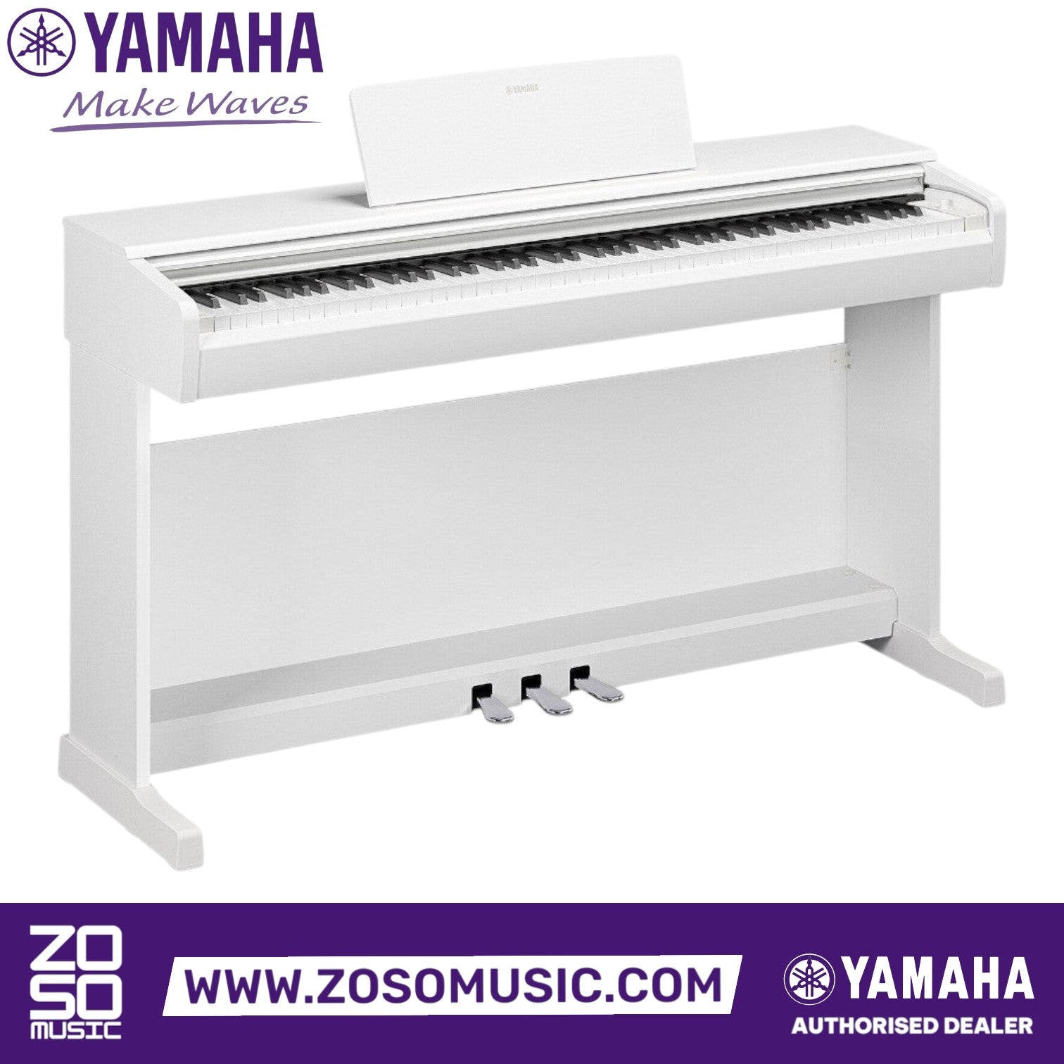 White Yamaha Arius YDP-146 digital piano with 88 weighted keys, three pedals, and music rest from Zoso Music
