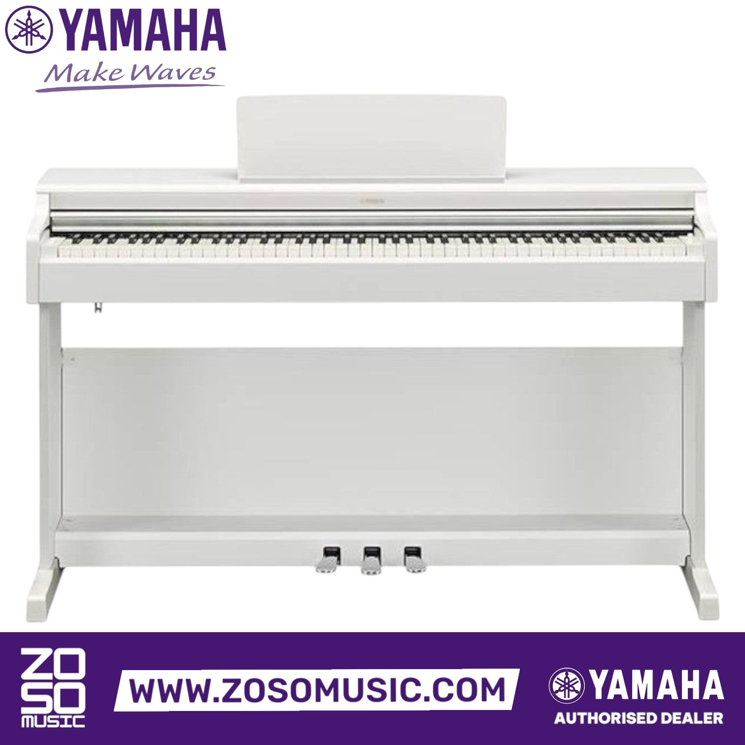 Zoso Music Yamaha Arius YDP-165 white 88-key digital piano with weighted GH3 keyboard and three pedals.