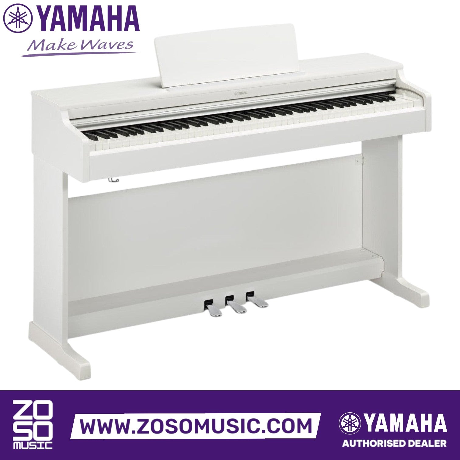 Zoso Music Yamaha Arius YDP-165 digital piano in white with 88 weighted keys and three pedals