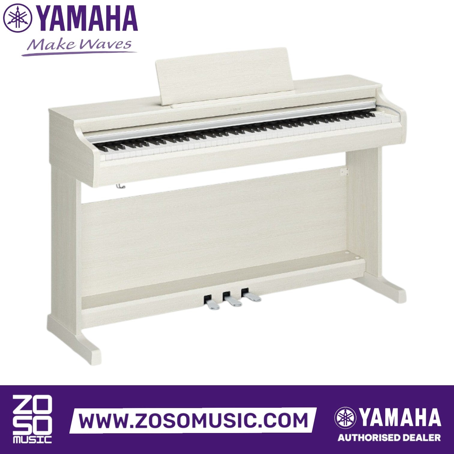 Zoso Music white Yamaha Arius YDP-166 digital piano with 88 weighted keys and three pedals in a home setting