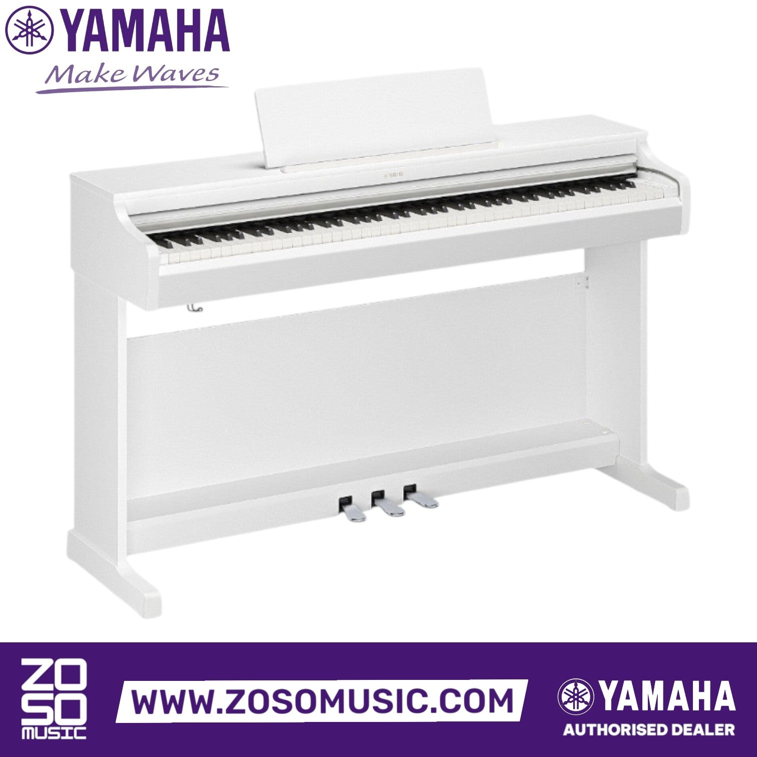 White Yamaha Arius YDP-166 88-key digital piano with weighted keys and three pedals from Zoso Music.