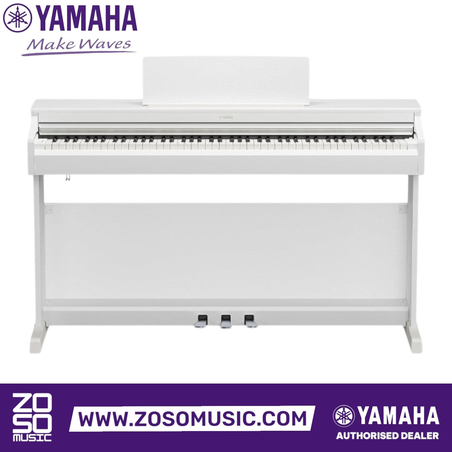 White Yamaha Arius YDP-166 88-key digital piano with weighted keys and three pedals from Zoso Music