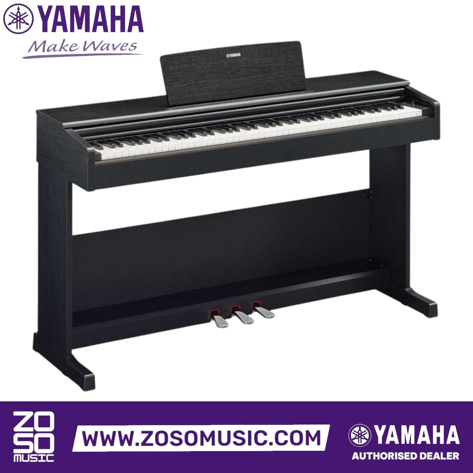 Zoso Music Yamaha Arius YDP-105 digital piano in black with 88 weighted keys and three pedals on a stand