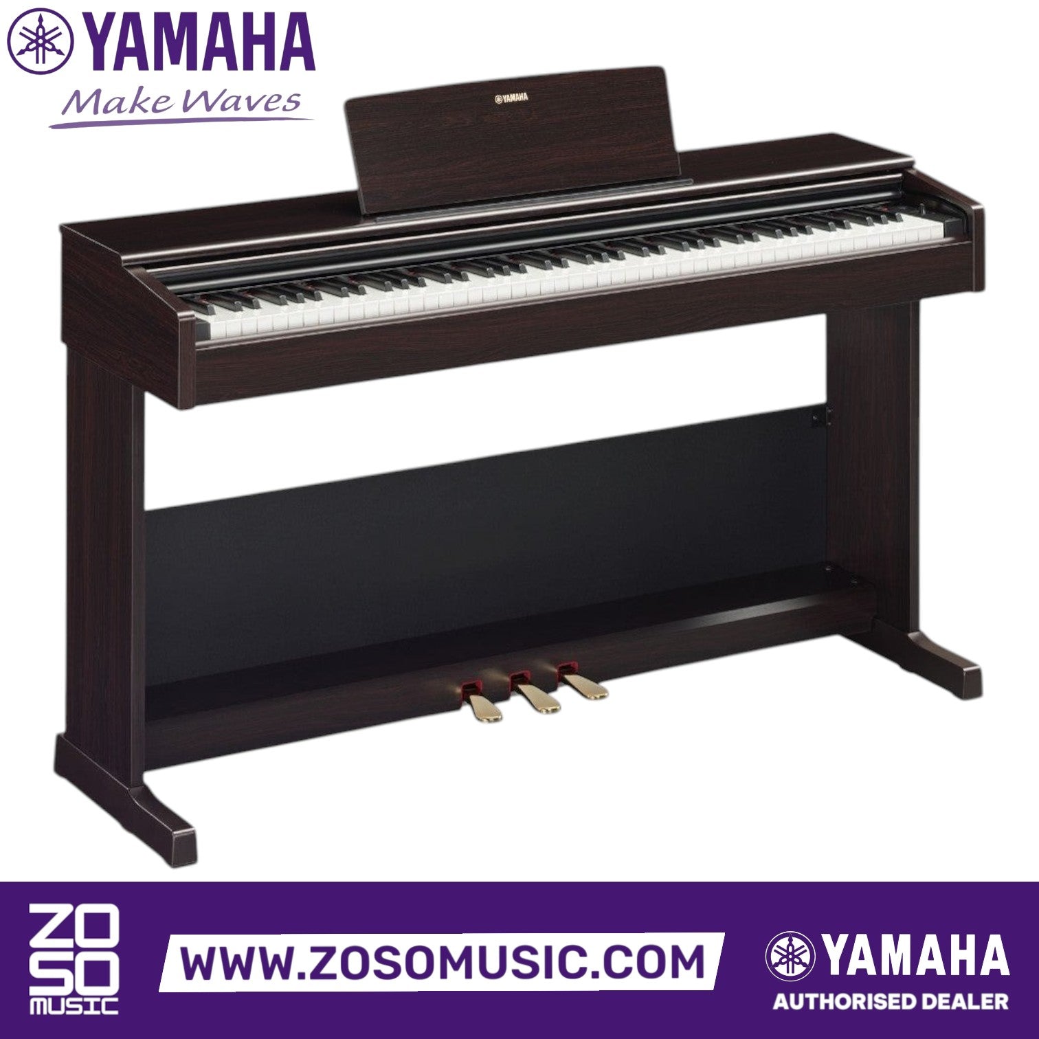Zoso Music Yamaha Arius YDP-105 digital piano in rosewood finish with 88 weighted keys and three pedals.