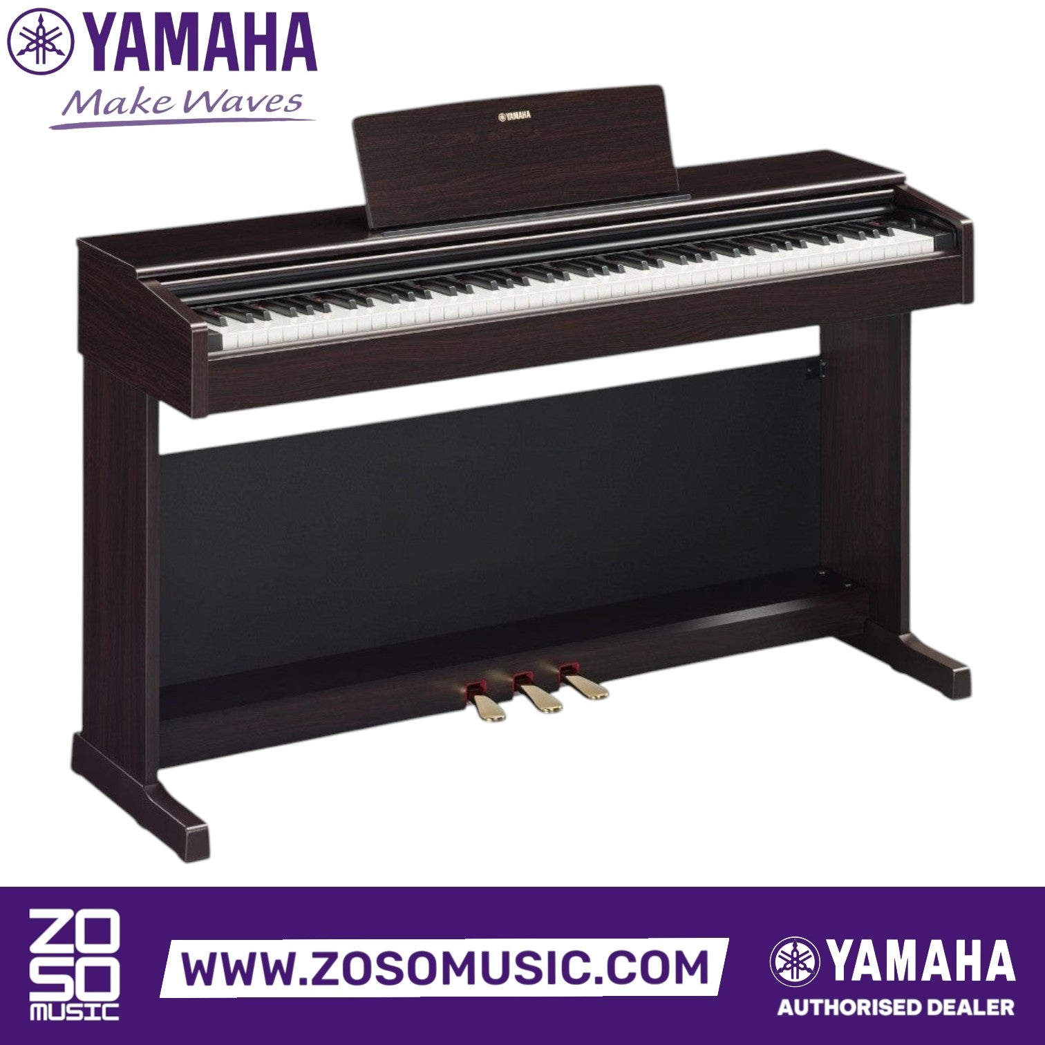 Zoso Music Yamaha Arius YDP-145 digital piano in rosewood finish with 88 weighted keys and three pedals
