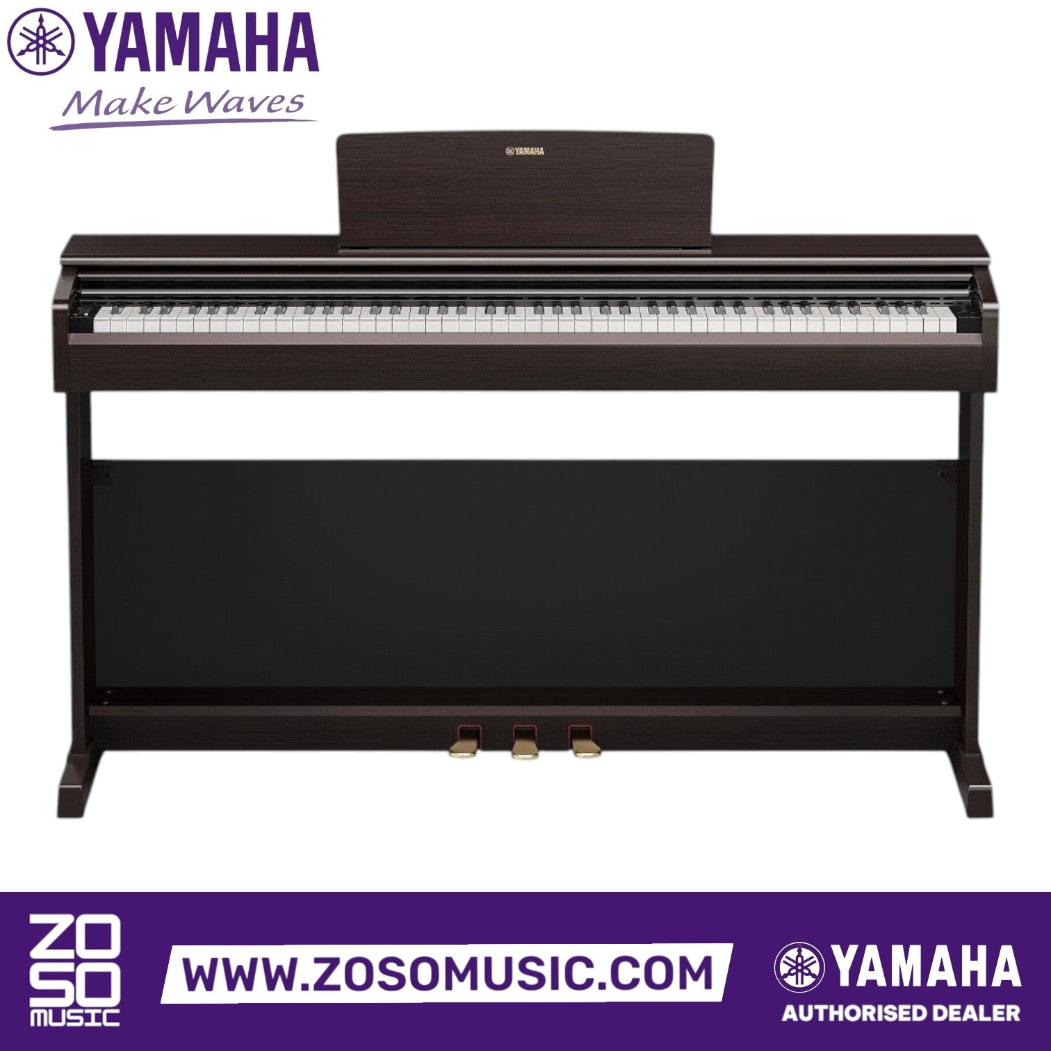 Zoso Music Yamaha Arius YDP-146 digital piano in dark wood finish with 88 weighted keys and three pedals