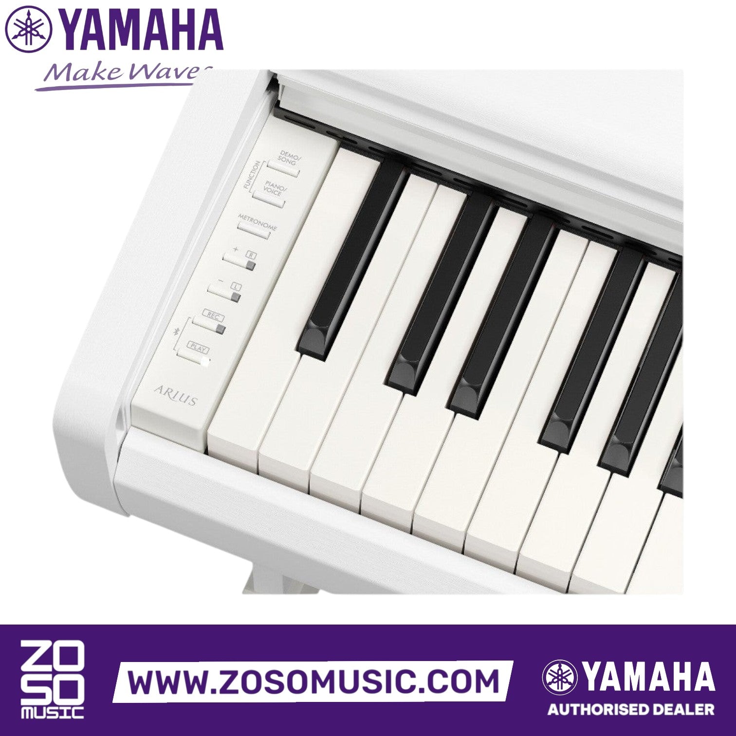 Zoso Music Yamaha Arius YDP-146 digital piano close-up showing white keys, black keytops, and control panel buttons.