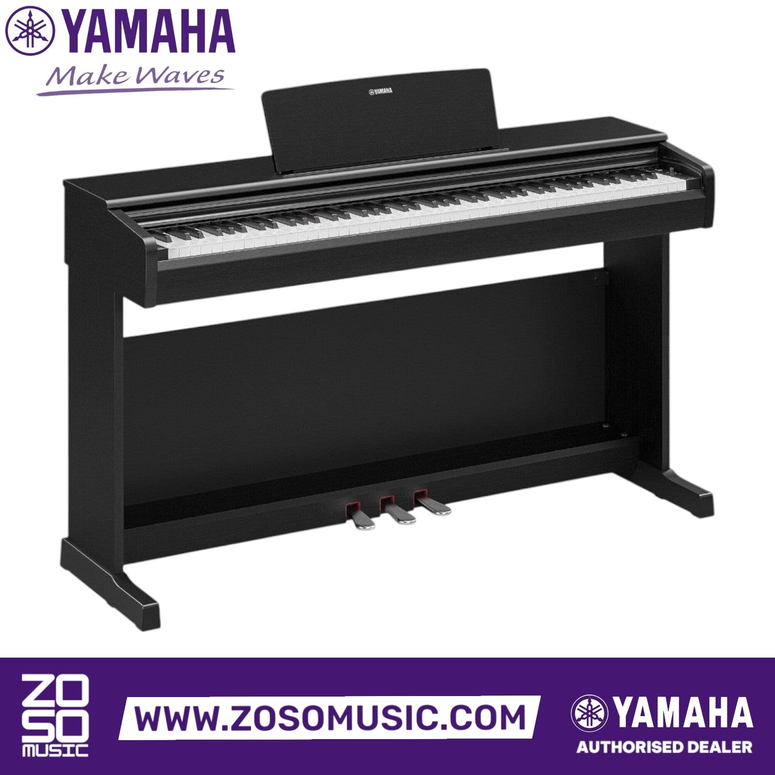 Zoso Music Yamaha Arius YDP-146 digital piano in black with 88 weighted keys and three pedals for home practice.