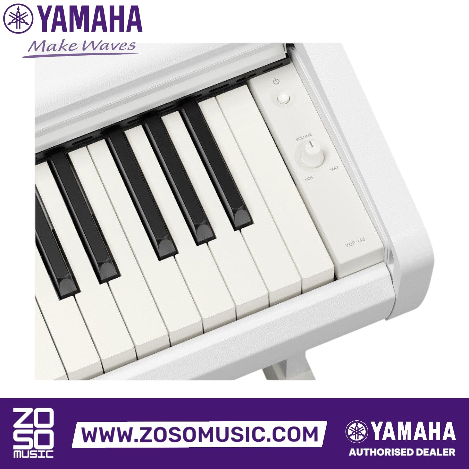 Zoso Music Yamaha Arius YDP-146 digital piano keyboard close-up with white keys and volume control knob