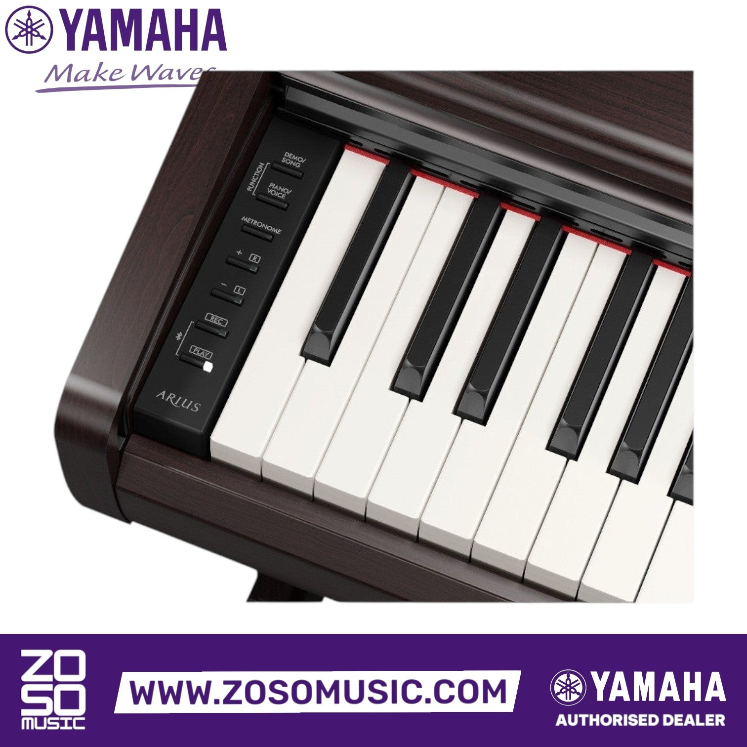 Zoso Music Yamaha Arius YDP-146 digital piano keyboard close-up with weighted keys and control panel