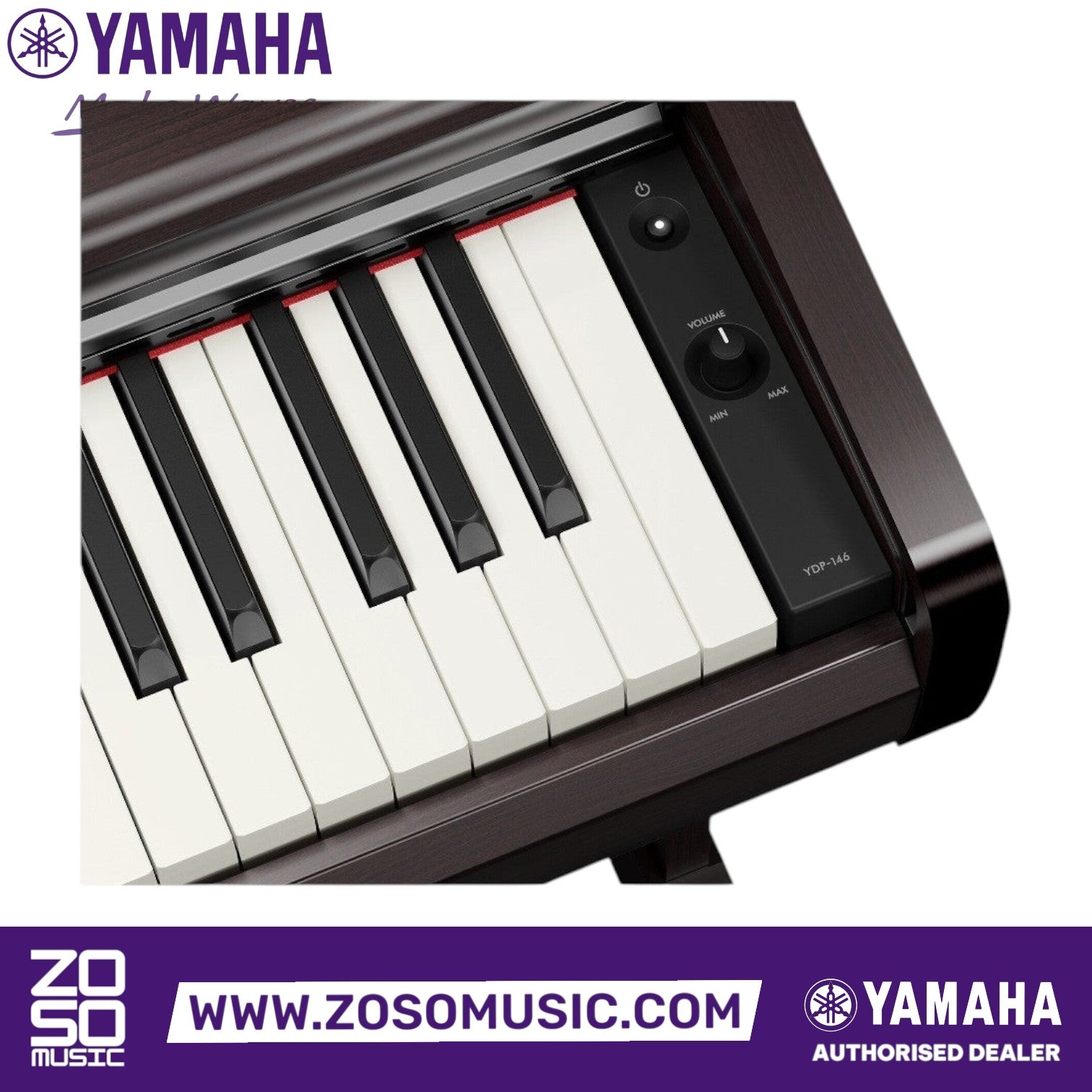 Zoso Music Yamaha Arius YDP-146 digital piano keyboard close-up with volume control and weighted keys
